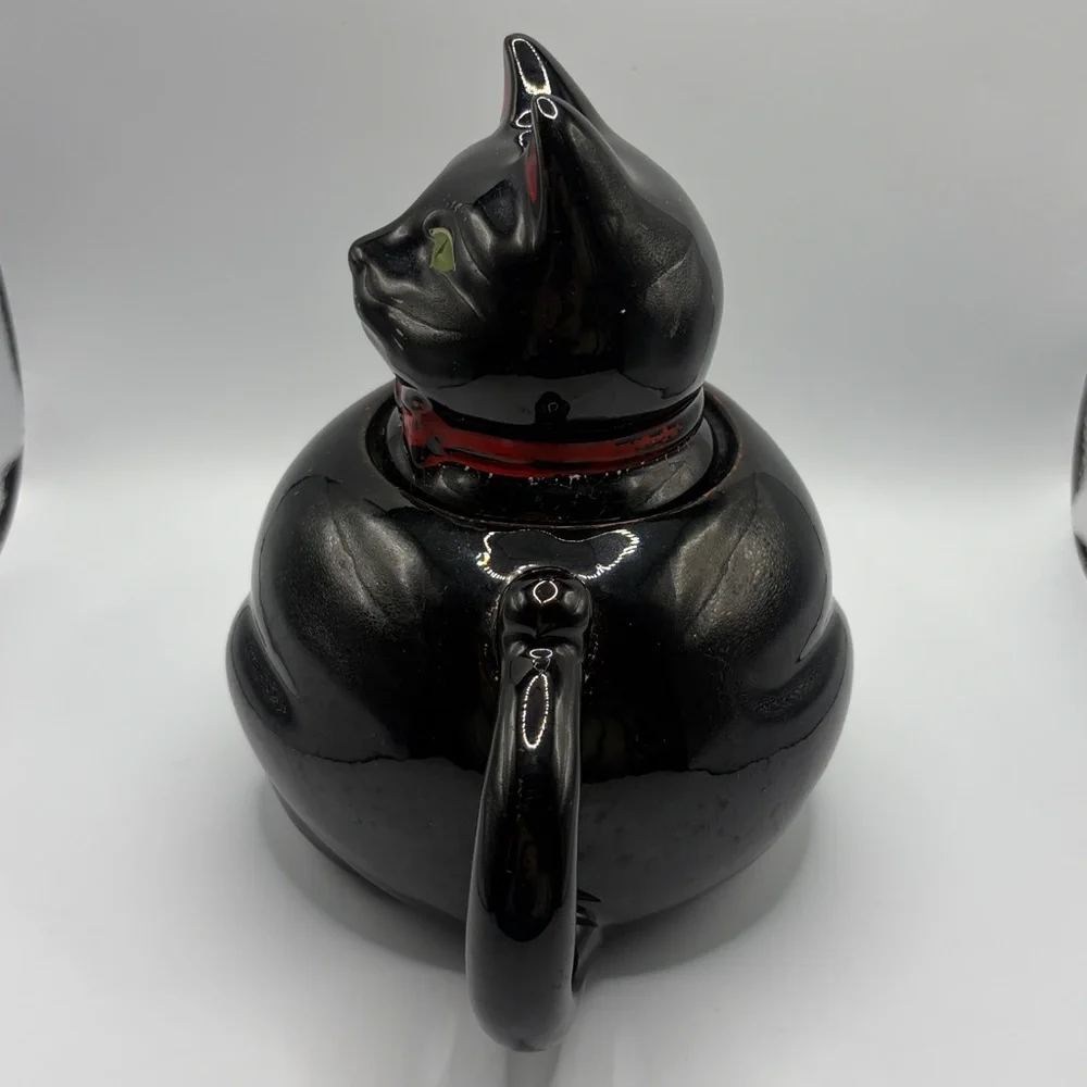 Shafford Redware Vintage Hand Painted Black Cat Kitsch Pottery Teapot, Lidded
